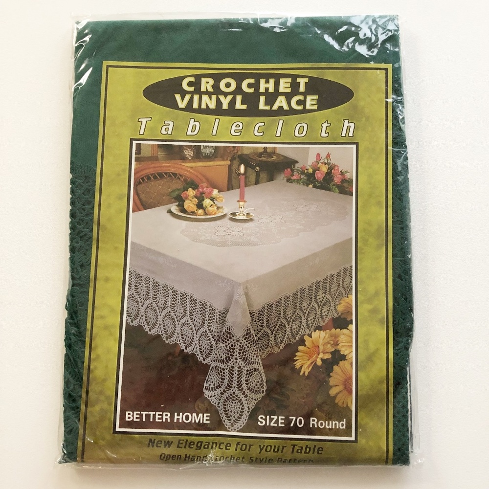 Vtg Crochet Vinyl Lace Table Cloth 70in Round By Better Home GREEN NEW